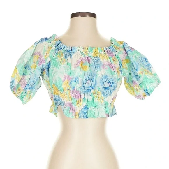 Zara Watercolor Floral Smocked Crop Top Puff Sleeve Off Shoulder Size S - Picture 2 of 5